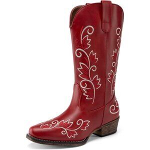 Women's Red Western Cowgirl Mid Calf Boots Square Toe Embroidered Chunky Heel